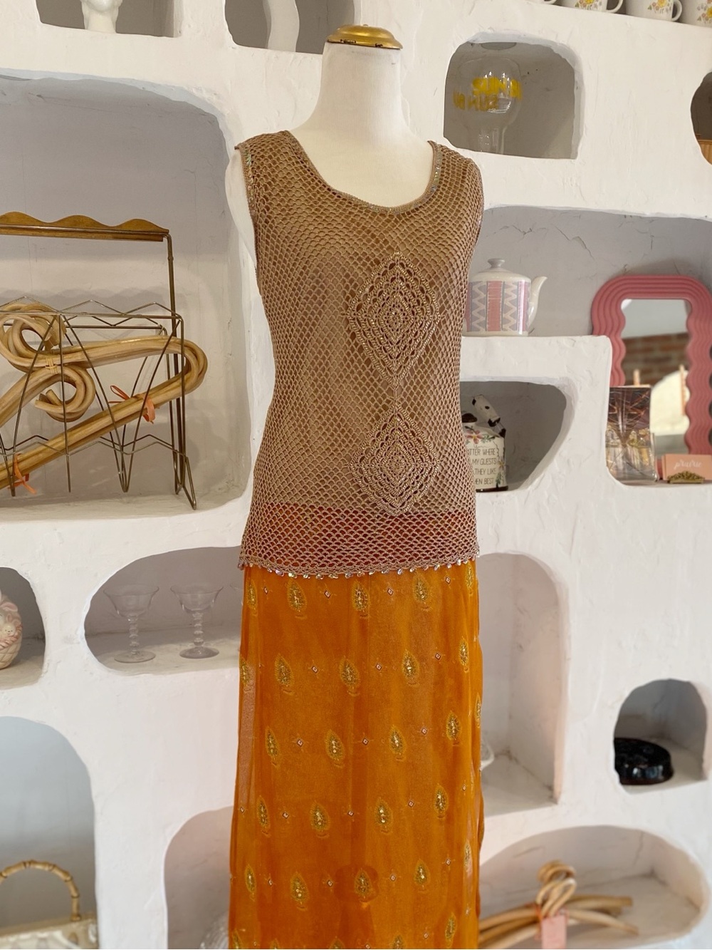 Boho Light Brown Crochet Tank with Sequin & Beaded Embellishments